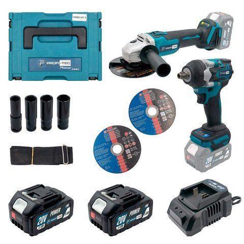 Набор аккумуляторных инструментов PROFI-TEC Combo Set 2 POWERLine DGA20BL+DTW500BL: с АКБ 2шт-20V 5.0Ач+ЗУ VSE Combo Set 2 VSE фото