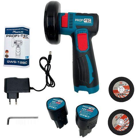 Мощный аккумуляторный мини резак PROFI-TEC GWS-12BC: с АКБ 12V, 2шт-2.0Ah, диск 76 мм, 18500 об/мин,шлифмашина 004977 фото