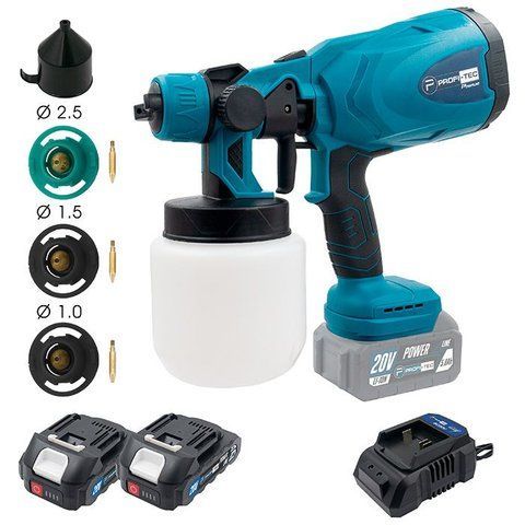 Аккумуляторный краскопульт PROFI-TEC PSG80020 POWERLine с АКБ 20V 2шт-2.0Ah+ЗУ сопло 1,0/1,8/2,5 мм 006610 фото
