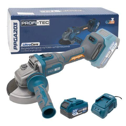 Потужна акумуляторна кутова шліфувальна машина PROFI-TEC PPGA203 UltraCore : з АКБ 20V 4.0Ah, диск 125 мм (007639) 007639 фото