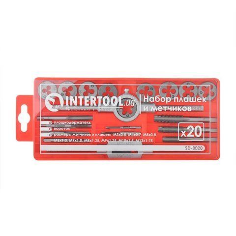 Якісний набір плашок M3-M12 і мітчиків M3-M12, 20 од. INTERTOOL SD-8020 SD-8020 VSE фото