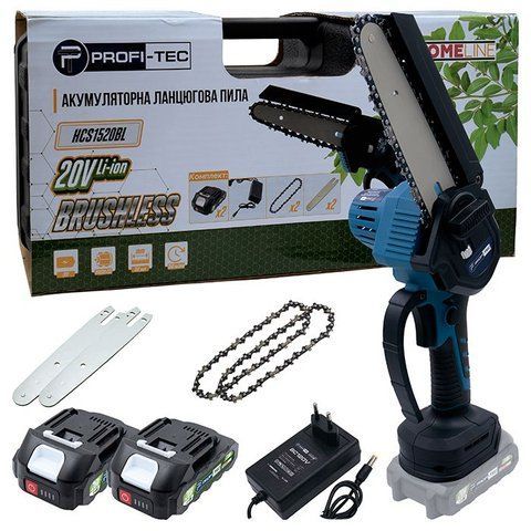 Аккумуляторная цепная садовая обрезная пила PROFI-TEC HCS1520BL HomeLine с АКБ 2шт-20V 2.0 Аh шина 20 см 006304 фото